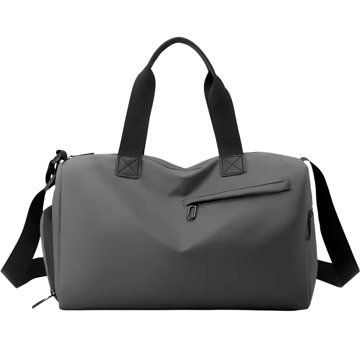 Dark gray nylon waterproof travel duffel bag with black handles shoulder strap and shoe compartment