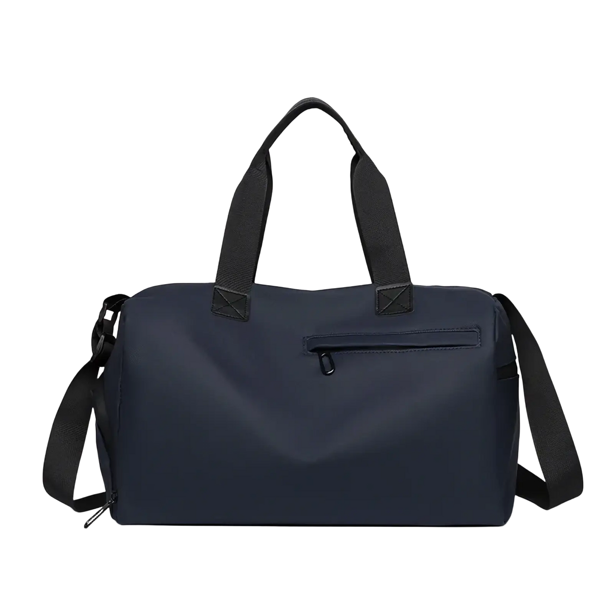 Dark navy blue waterproof travel duffel bag with black handles and shoulder strap featuring front zippered pocket