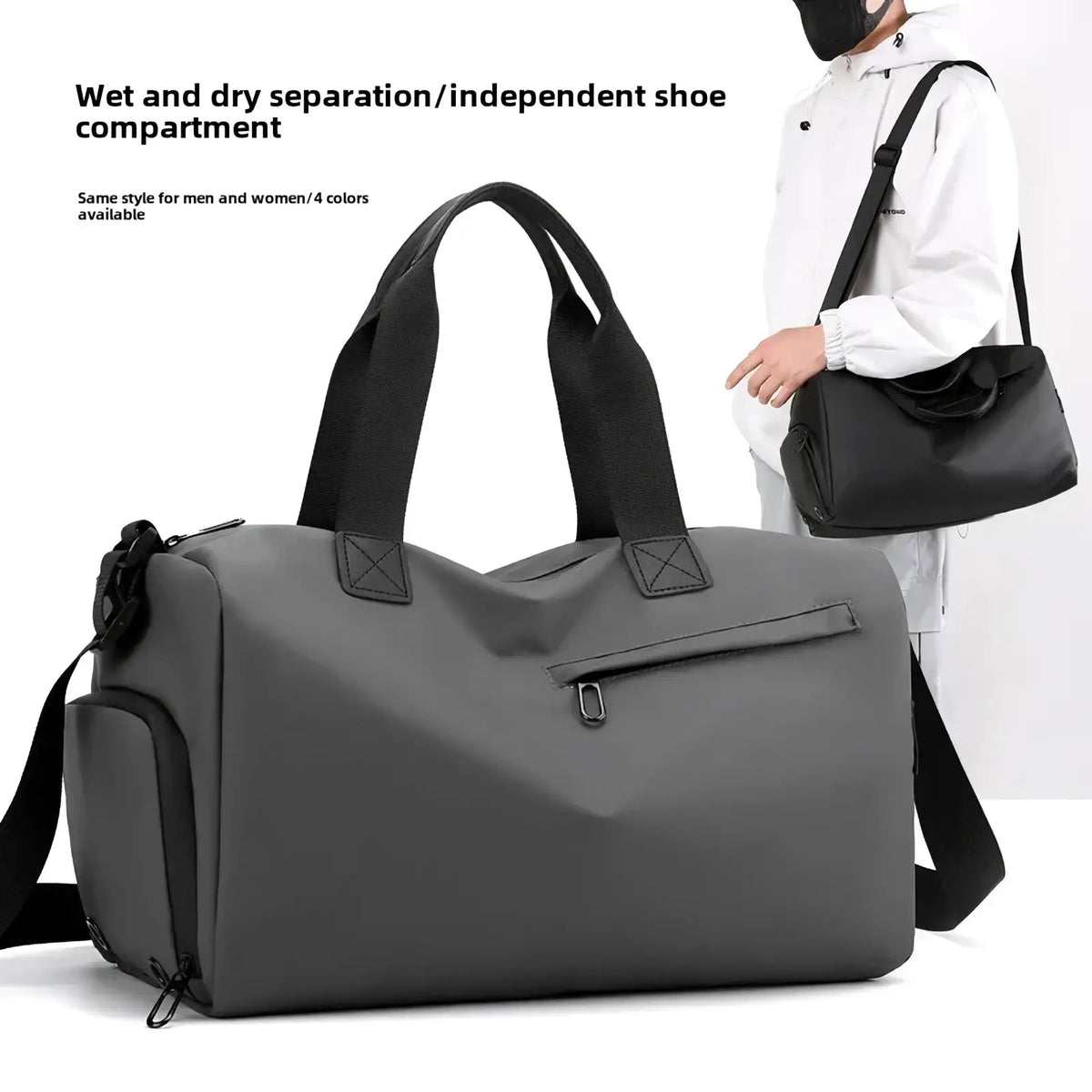 Gray waterproof travel duffel bag with black handles, shoulder strap, front zip pocket, and side shoe compartment