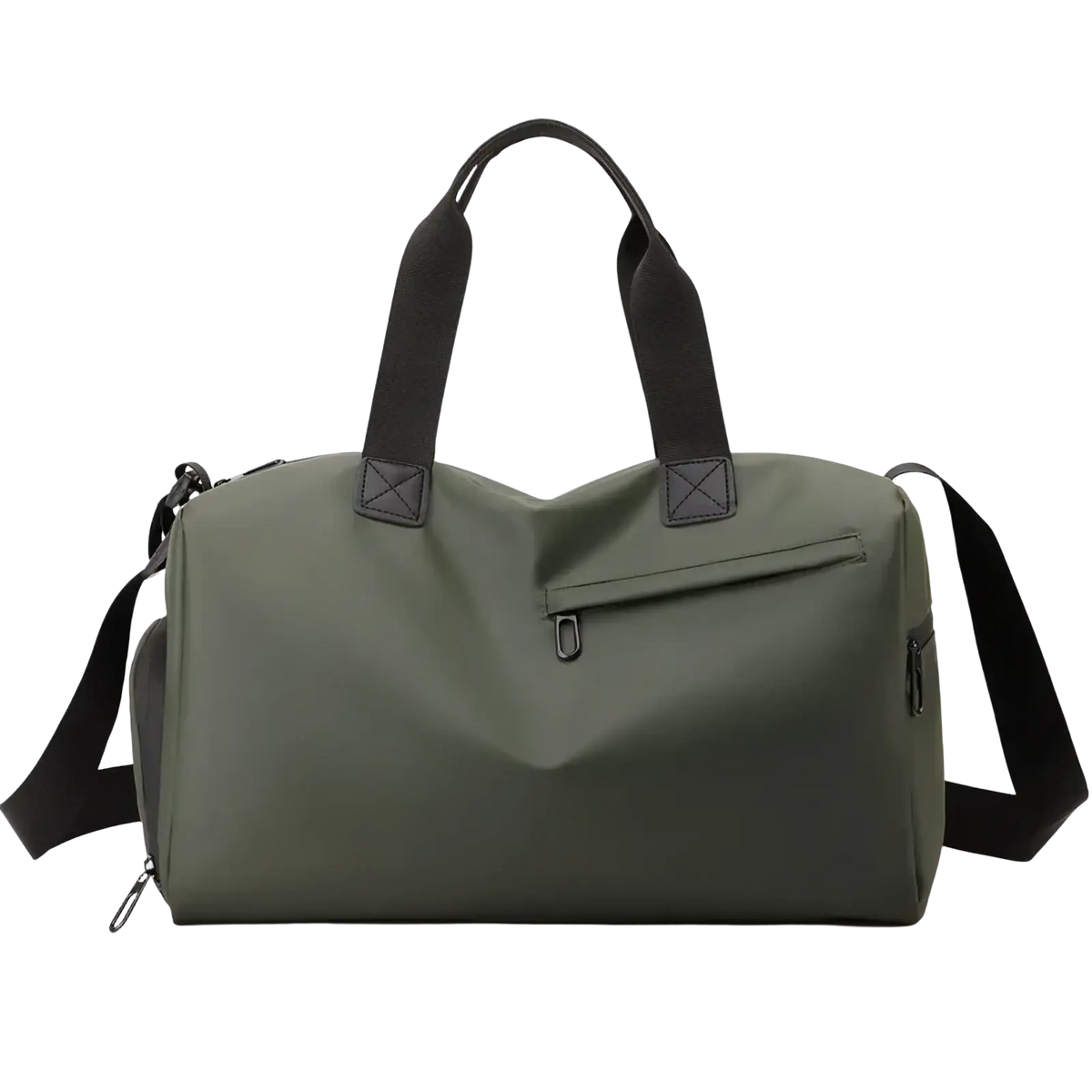 Olive green nylon waterproof travel duffel bag with black handles and shoulder strap featuring shoe compartment