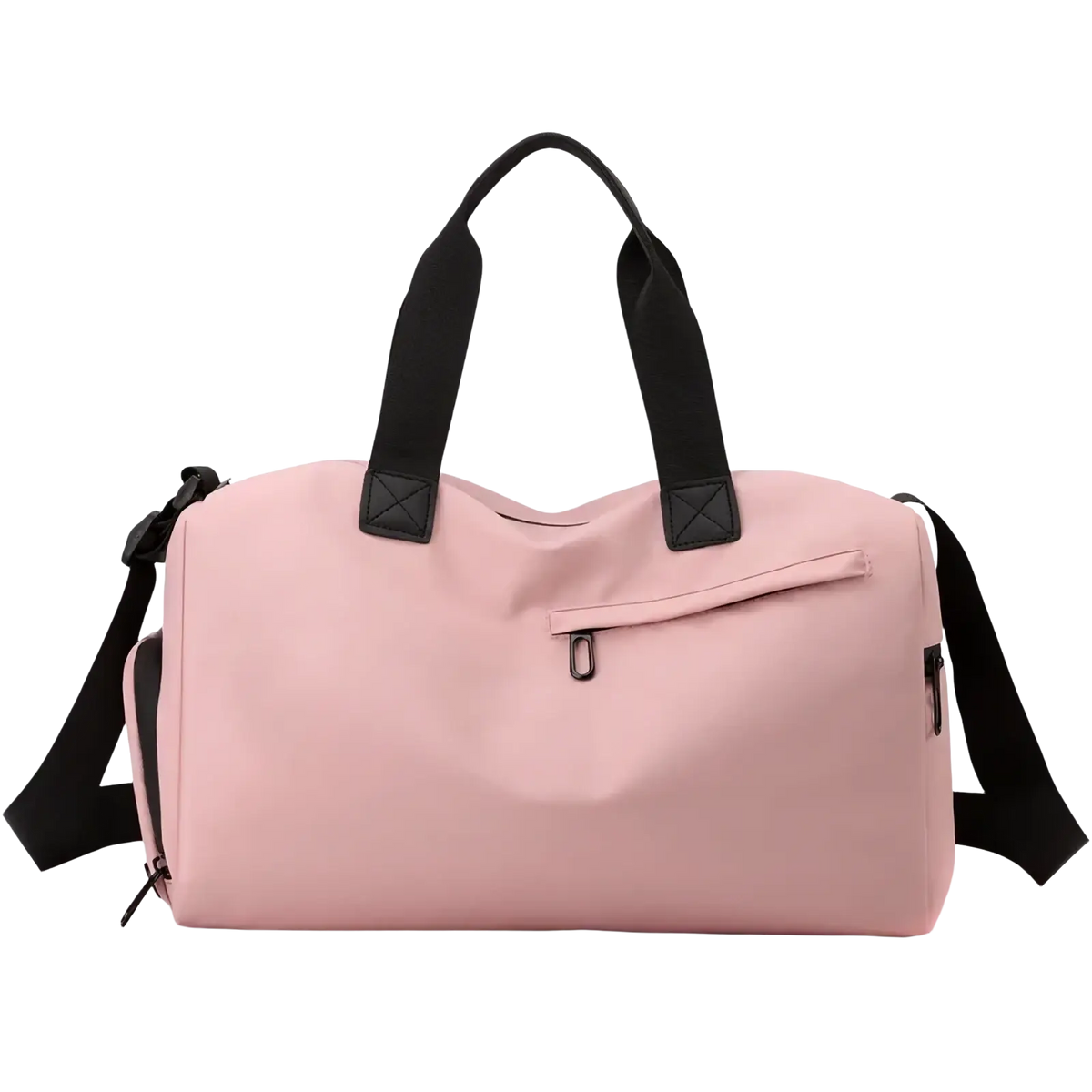 Pink nylon waterproof travel duffel bag with shoe compartment and black fabric handles and shoulder strap