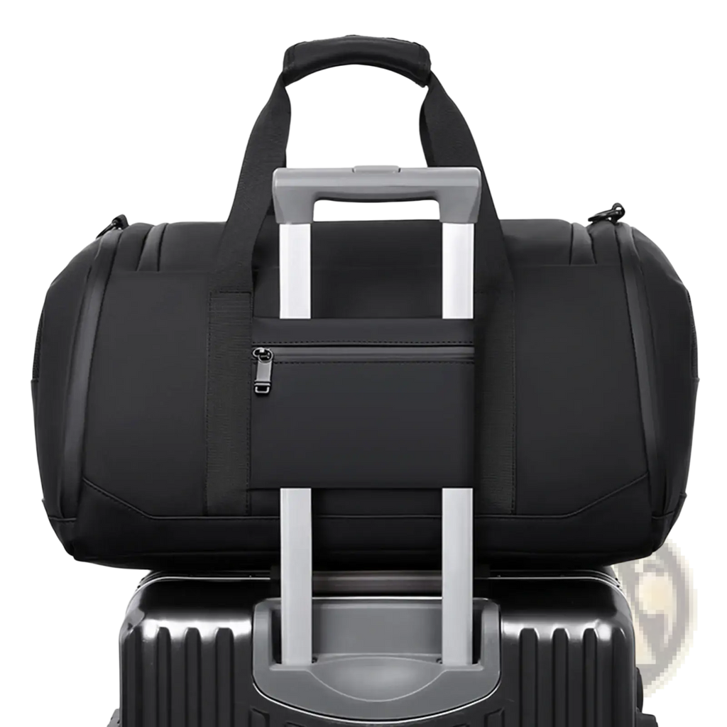 Black waterproof travel duffle bag with retractable handle and front zippered pocket for gym and travel organization