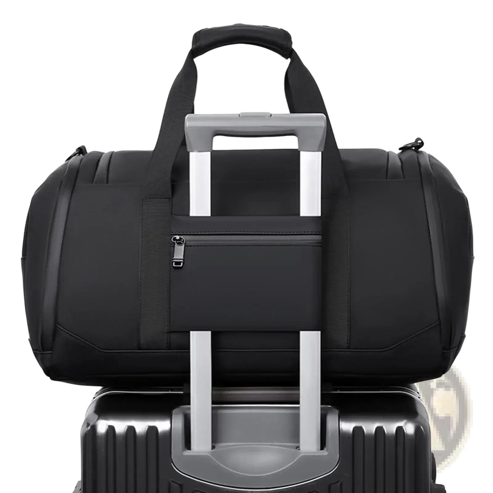 Black waterproof travel duffle bag with retractable handle and front zippered pocket for gym and travel organization