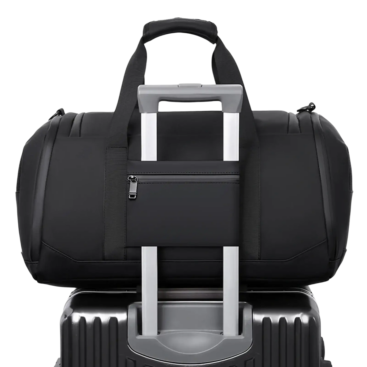 Black waterproof travel duffle bag with retractable handle and front zippered pocket for gym and travel organization