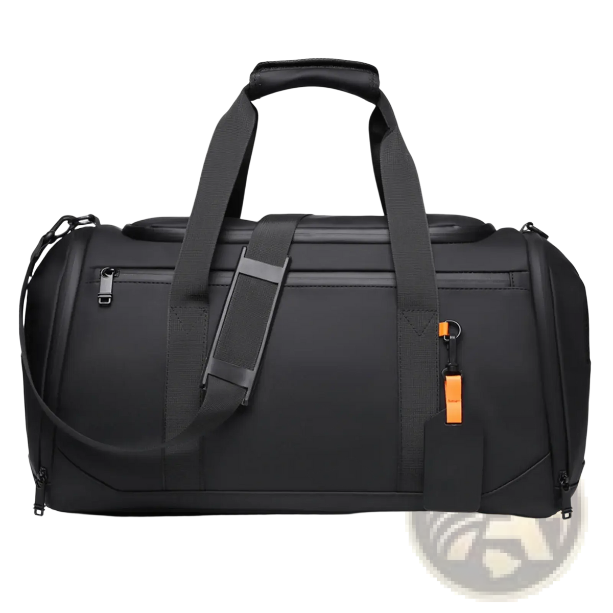 Black nylon waterproof travel duffel bag with orange accent tag and adjustable shoulder strap for gym and travel organization