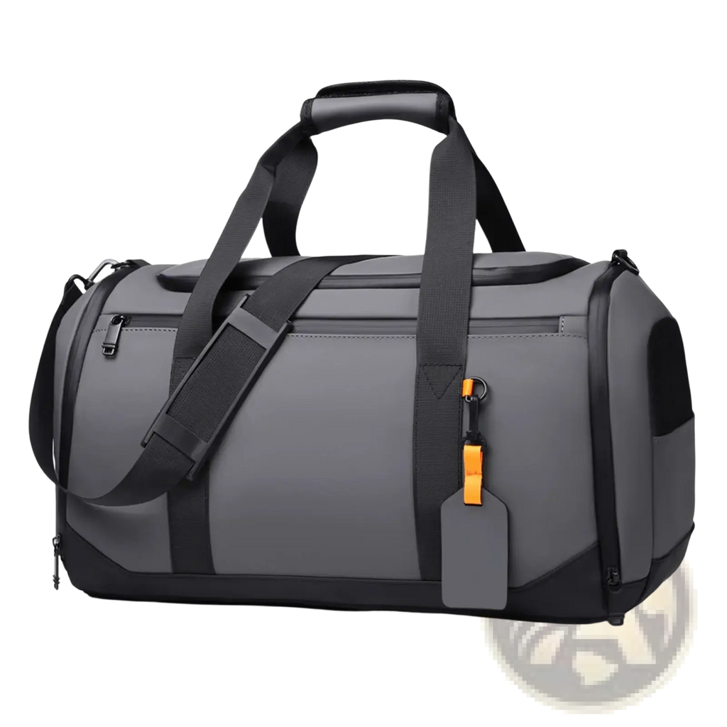 Gray and black waterproof travel duffle bag with large capacity, sturdy handle, adjustable strap, and orange accent tag