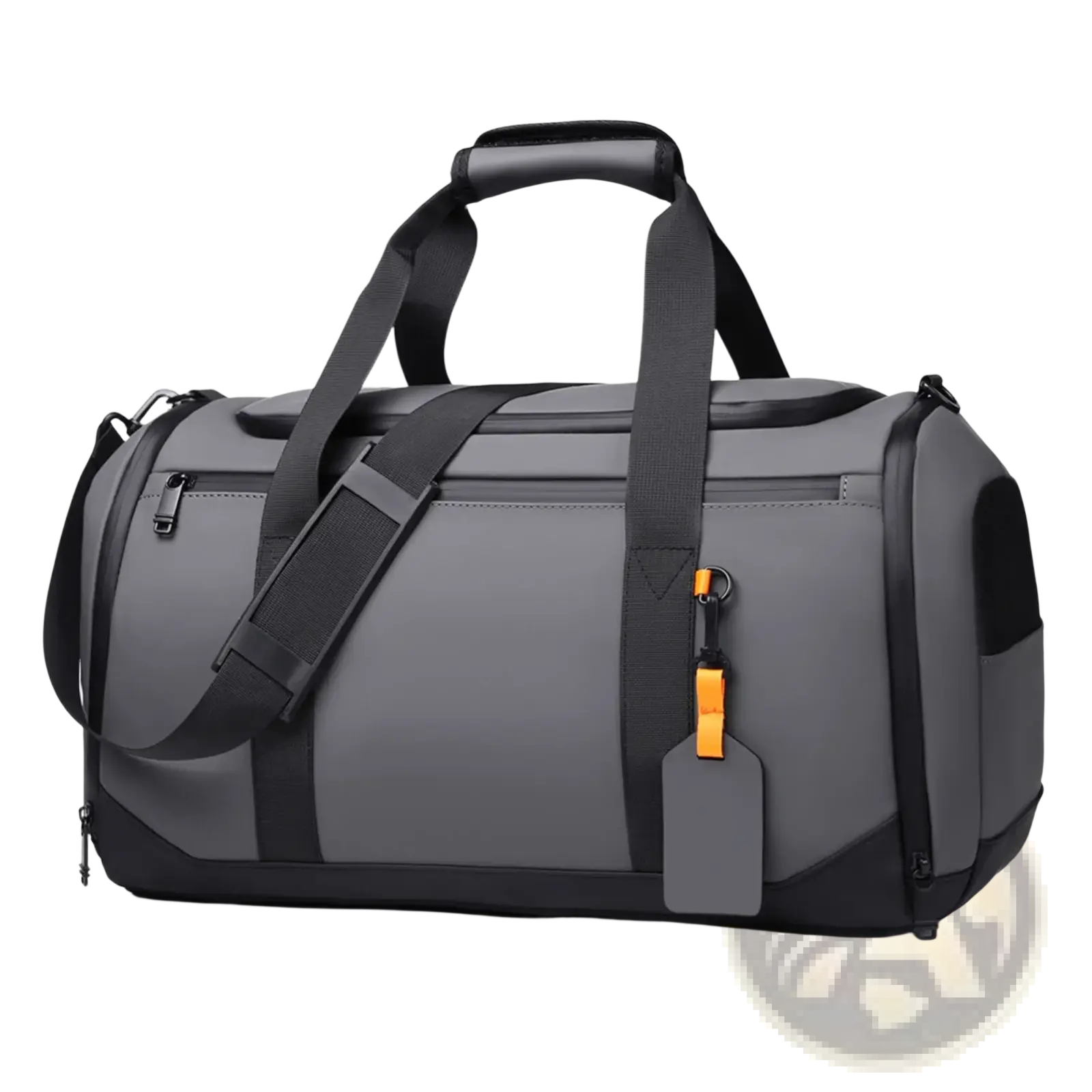 Gray and black waterproof travel duffle bag with large capacity, sturdy handle, adjustable strap, and orange accent tag