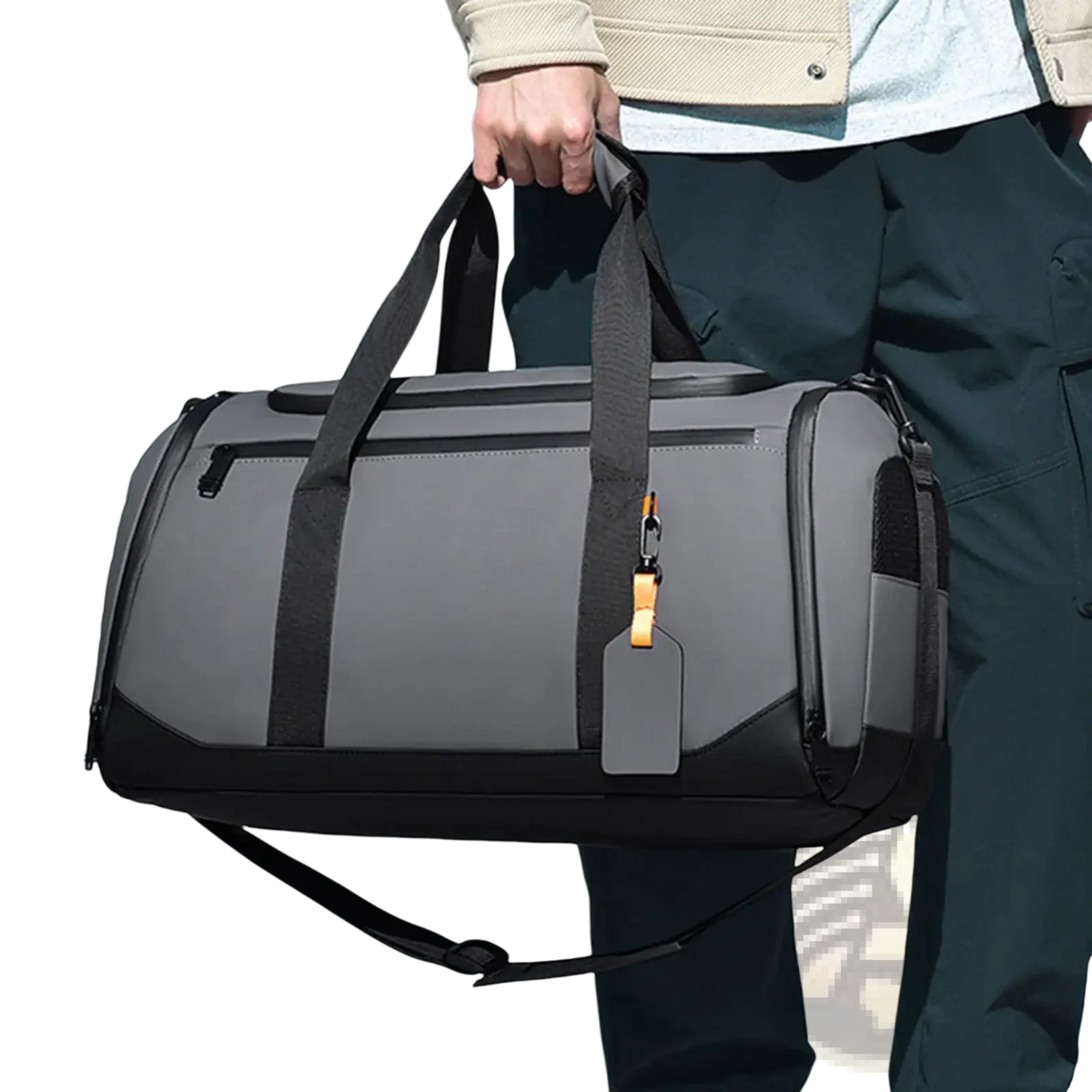 Gray and black waterproof travel duffle bag with reinforced handles and detachable shoulder strap for gym organization