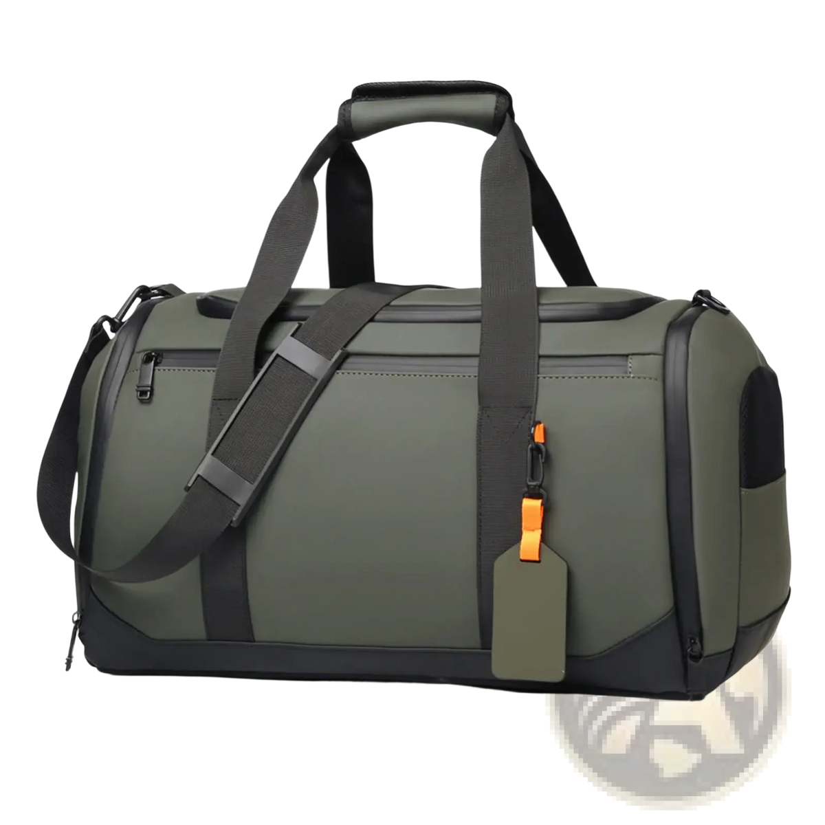 Olive green and black waterproof travel duffle bag with large capacity, adjustable shoulder strap, and orange tag