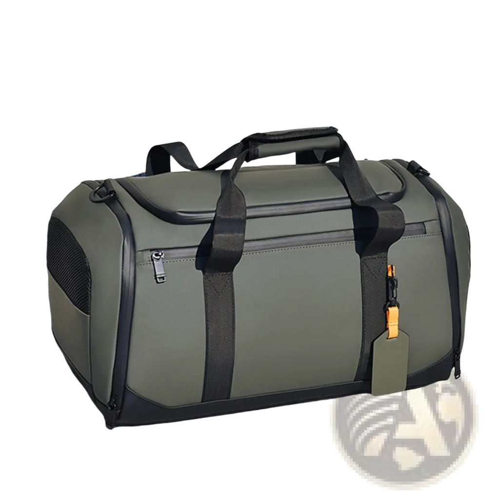 Waterproof travel duffle bag large capacity gym organizer in olive green with black trim mesh pocket and orange tag