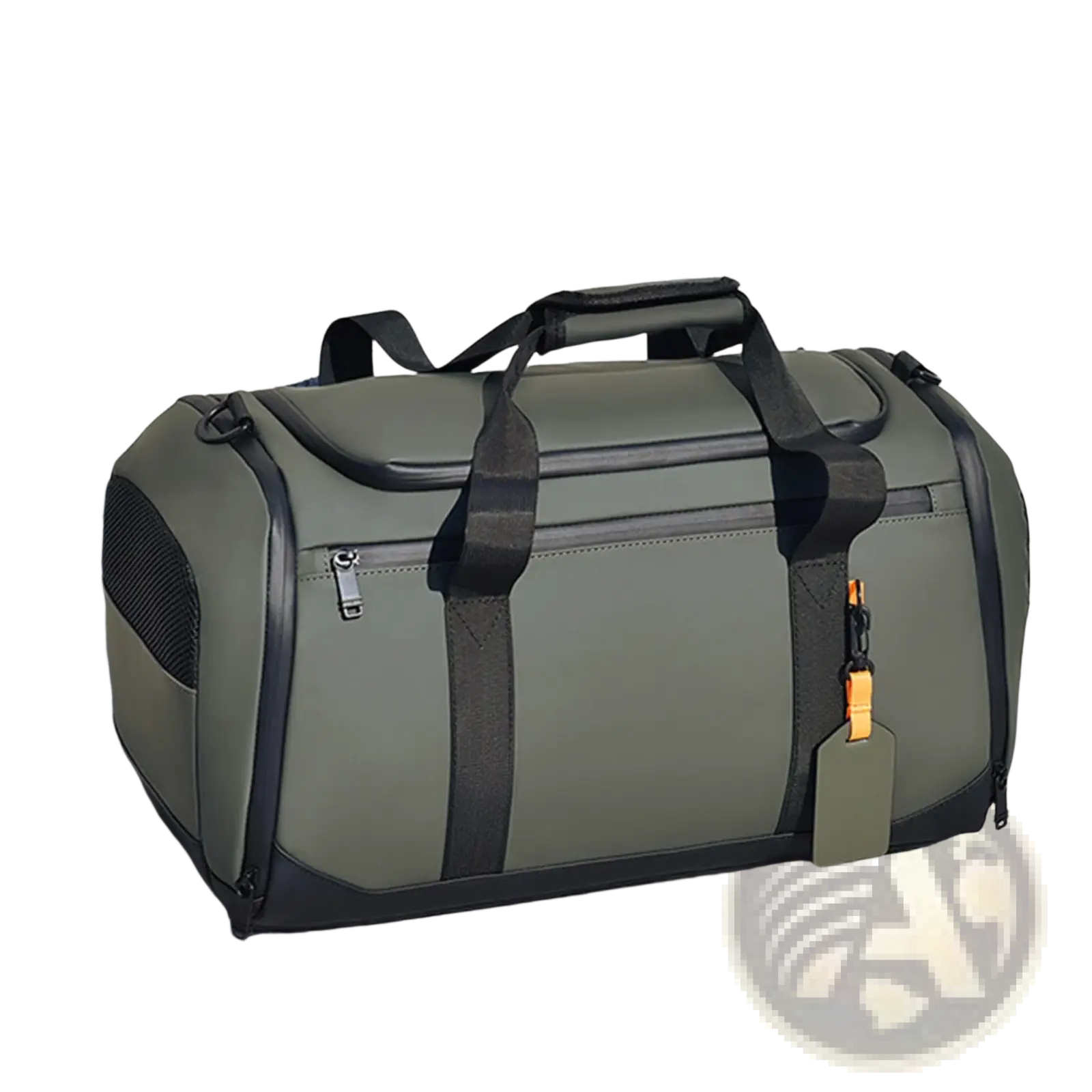 Waterproof travel duffle bag large capacity gym organizer in olive green with black trim mesh pocket and orange tag