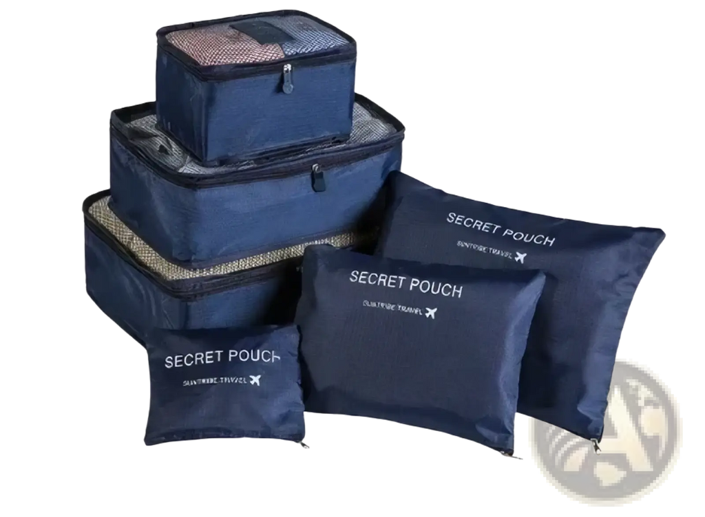 Set of navy blue waterproof travel packing cubes with mesh sides and zipper closures for organized storage