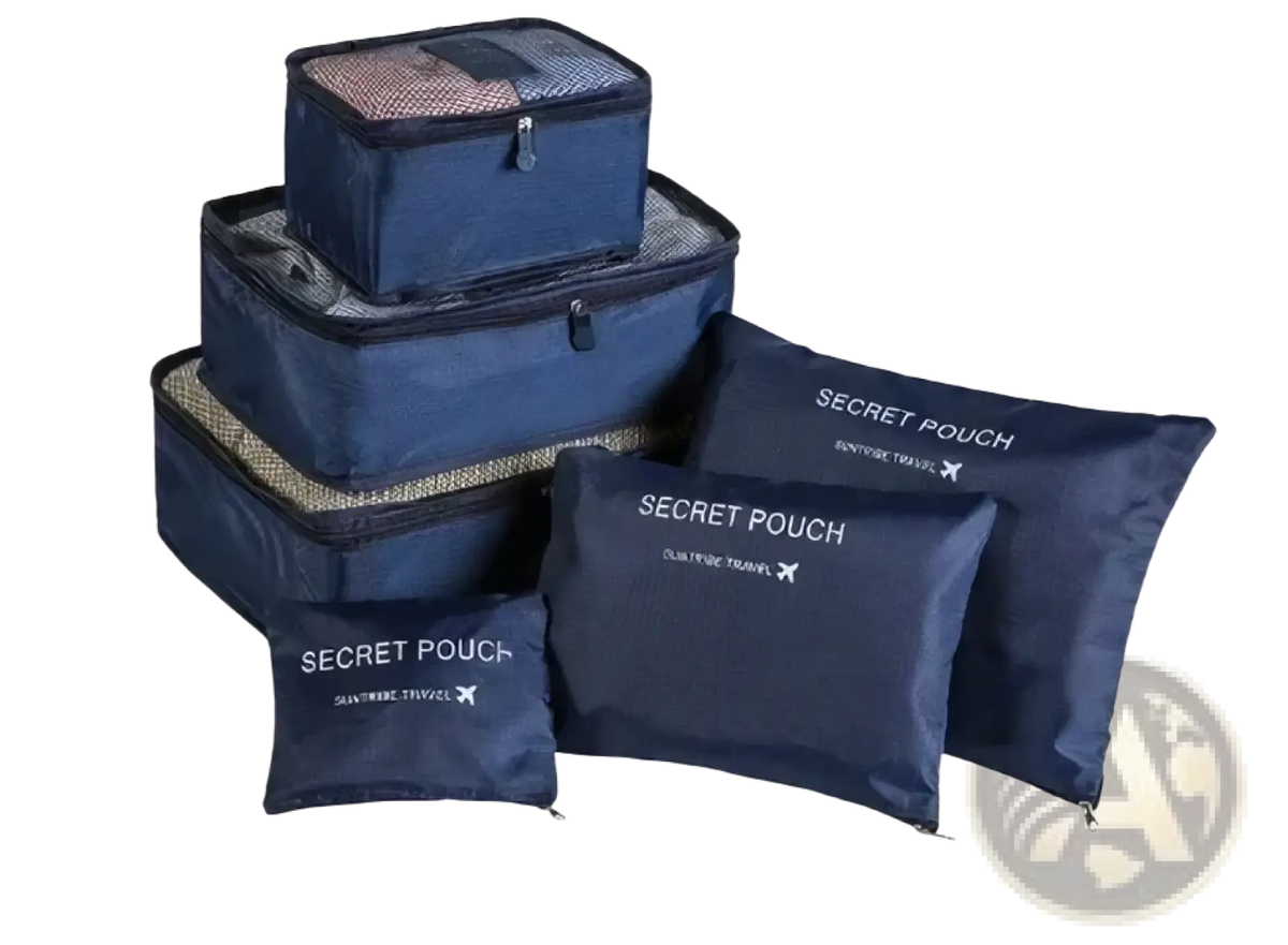 Set of navy blue waterproof travel packing cubes with mesh sides and zipper closures for organized storage