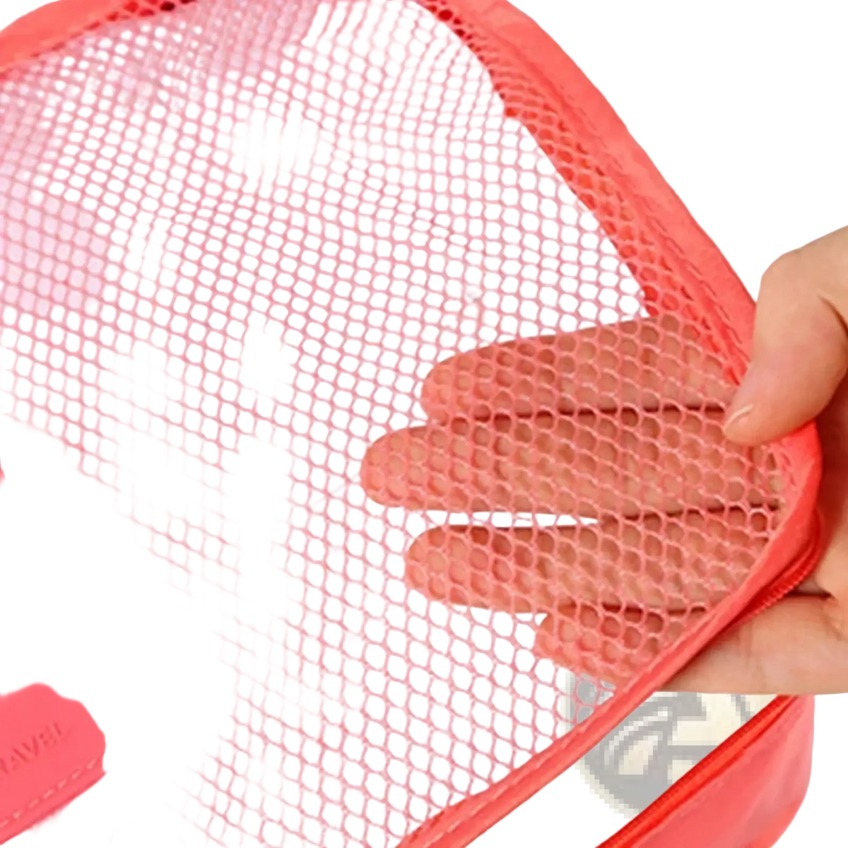 A coral pink mesh waterproof travel packing cube with zipper closure and matching fabric patch for large storage
