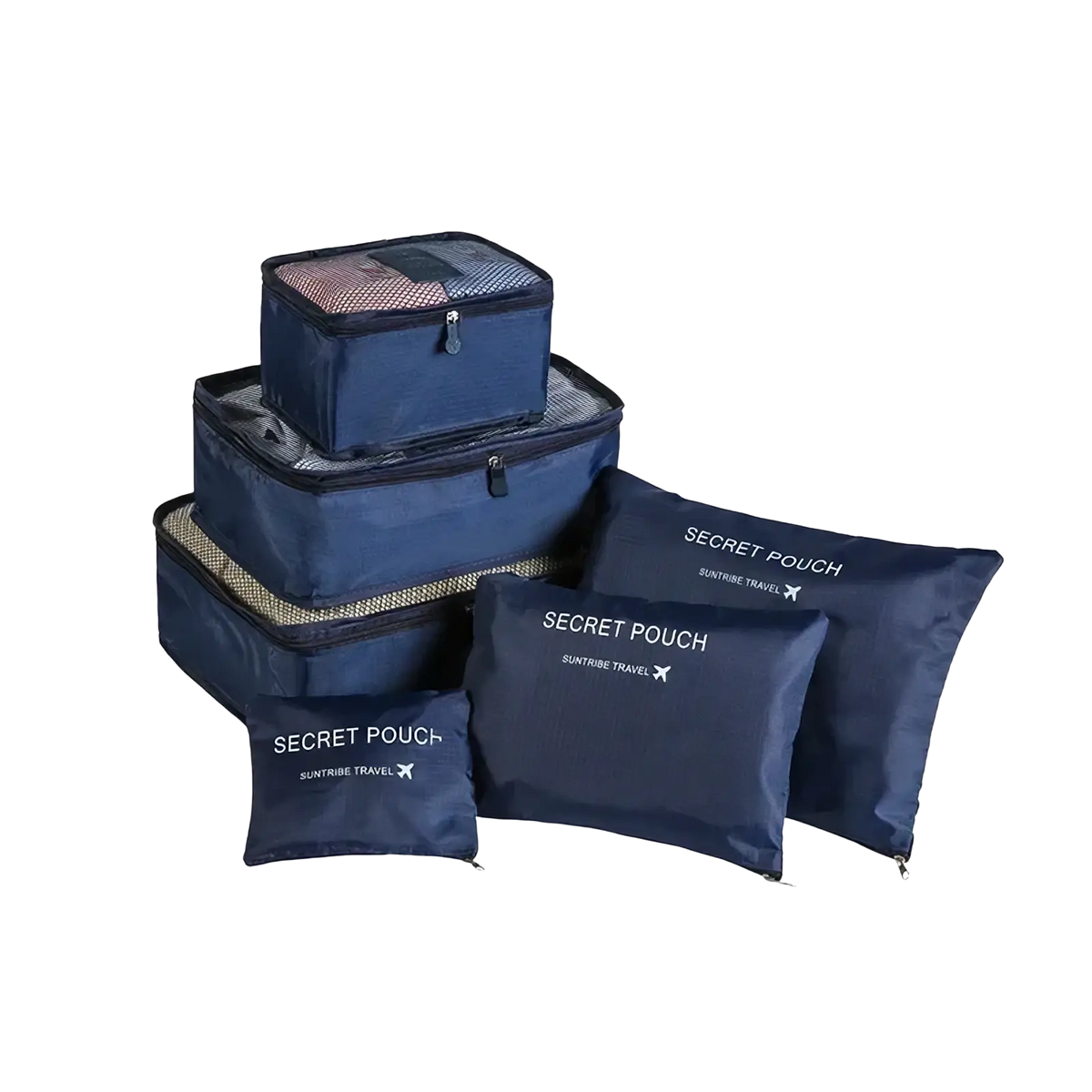 Set of navy blue waterproof travel packing cubes and pouches with mesh sides and zipper closures for organized storage