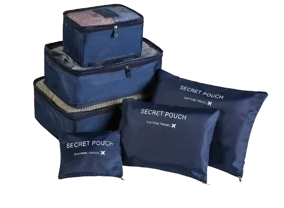 Set of navy blue waterproof travel packing cubes with mesh sides and zipper closures for organized storage