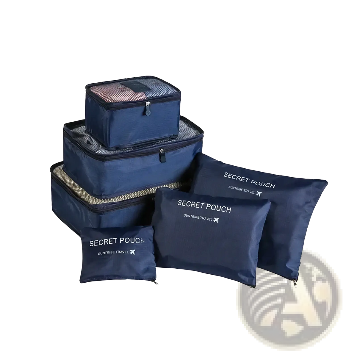 Set of navy blue waterproof travel packing cubes and pouches with mesh sides and zipper closures for organized storage