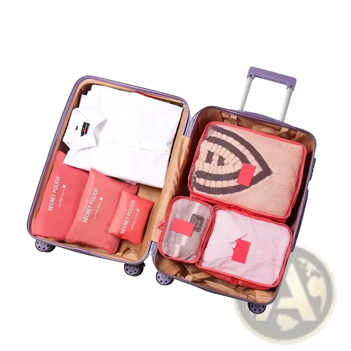Set of red waterproof travel packing cubes made of mesh with zipper closures neatly arranged in an open suitcase