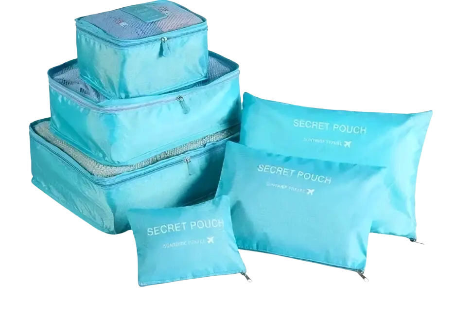 Set of six turquoise waterproof travel packing cubes and secret pouches with zipper closures for organized storage