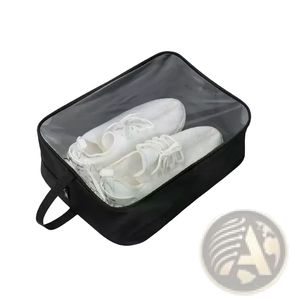Black waterproof travel shoe bag with clear window and handle containing one pair of white sneakers