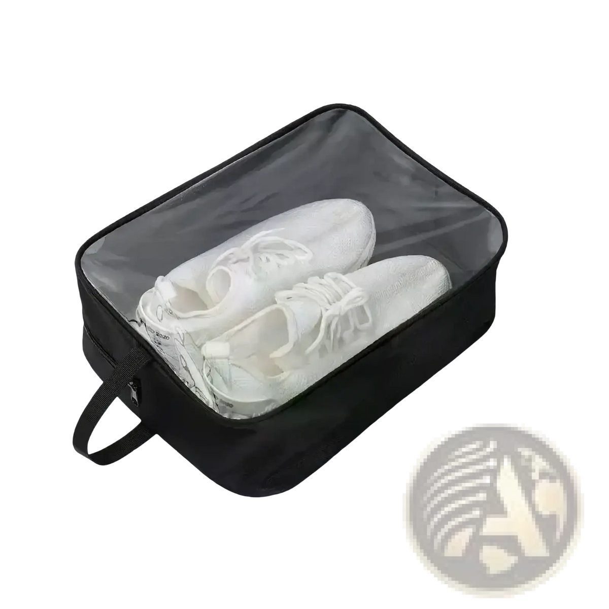 Black waterproof travel shoe bag with clear window and handle containing one pair of white sneakers