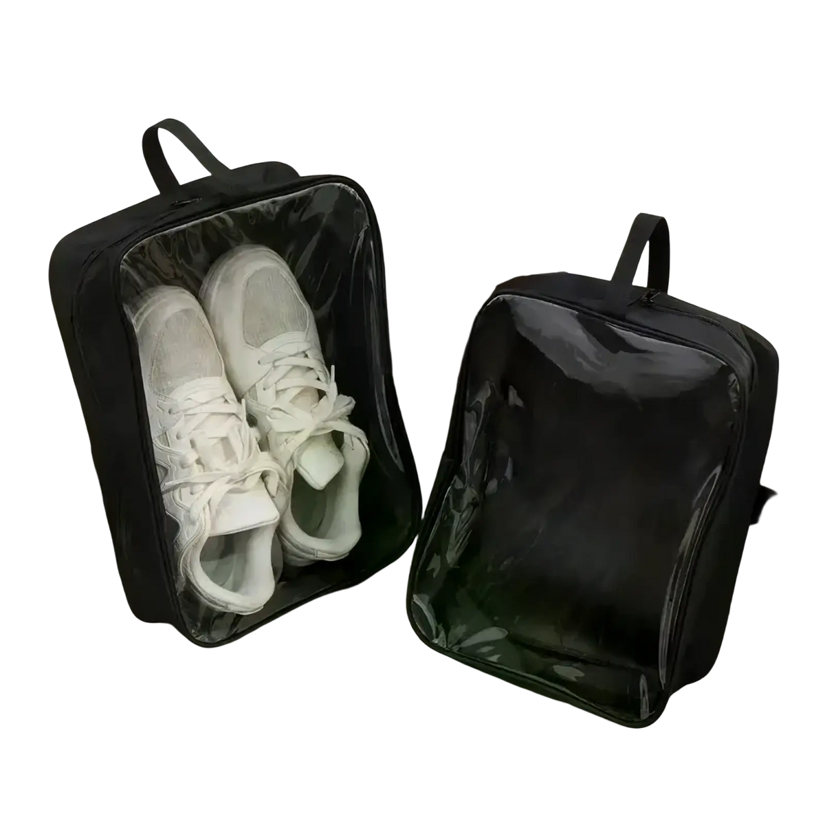 Black waterproof travel shoe bag with clear window front panel and zipper closure for organized storage