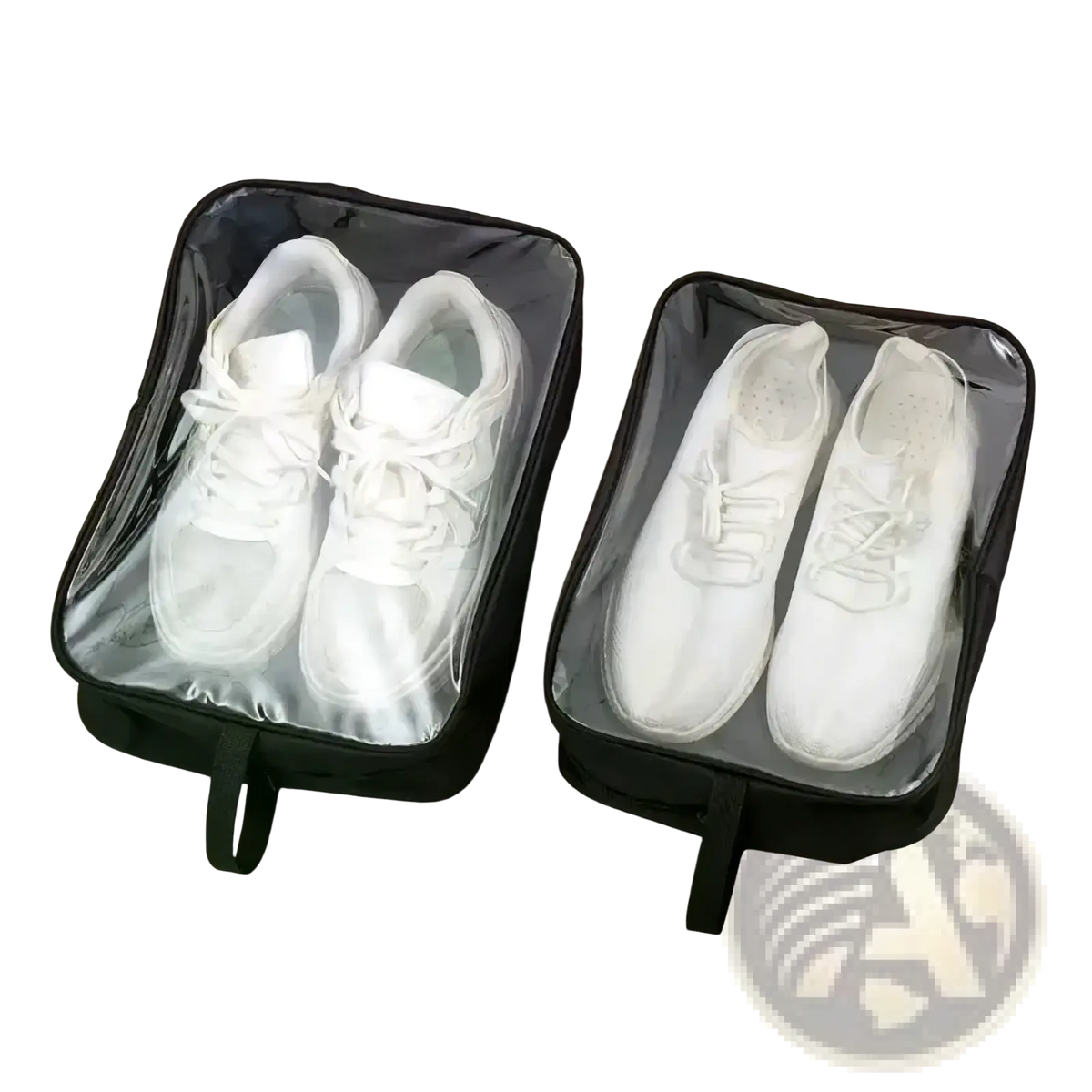 Black waterproof travel shoe bags with clear front panels showing white sneakers inside for organized storage