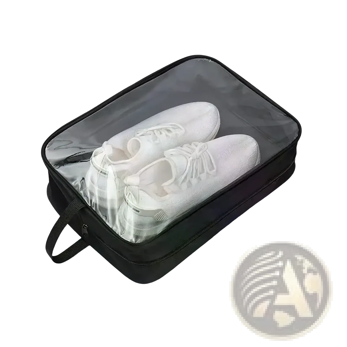 Black large waterproof travel shoe bag with transparent front panel and zipper closure for organized storage