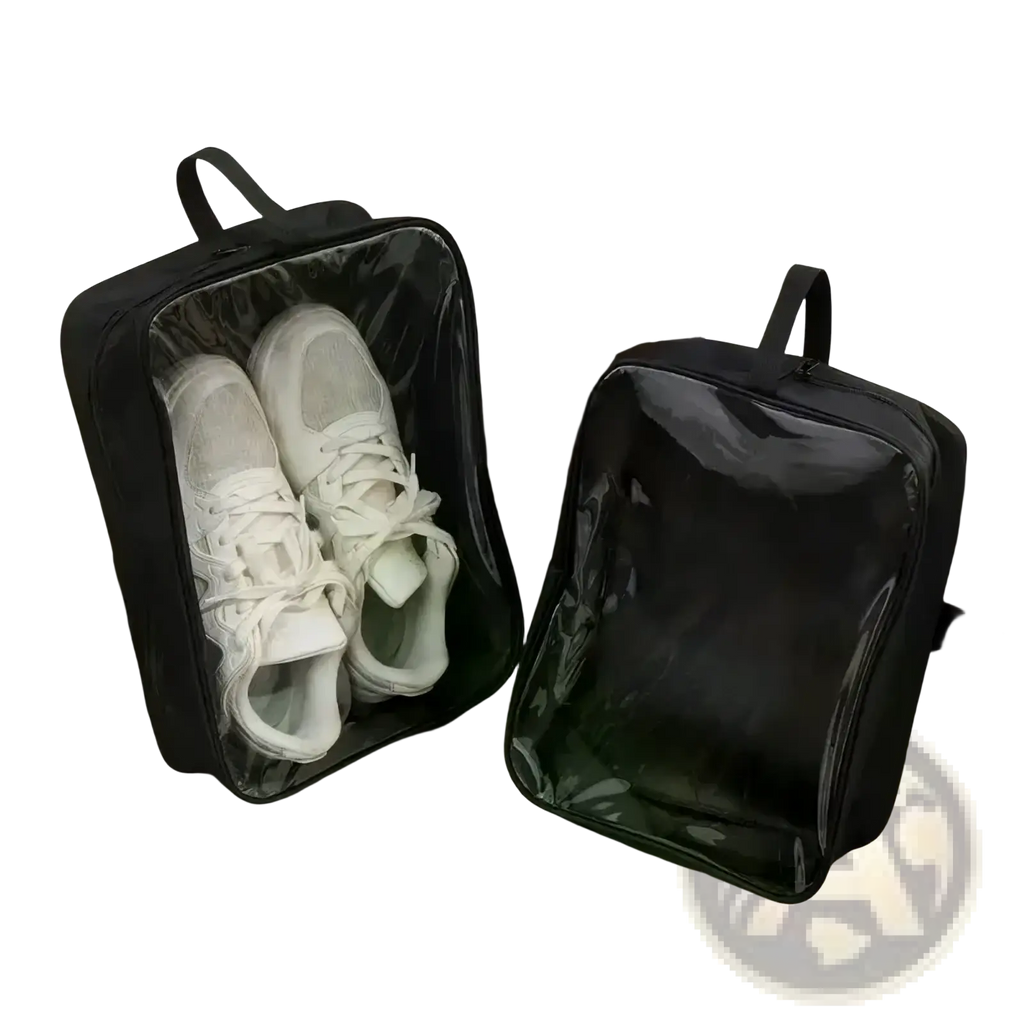 Black waterproof travel shoe bag with clear window front panel and zipper closure for organized storage