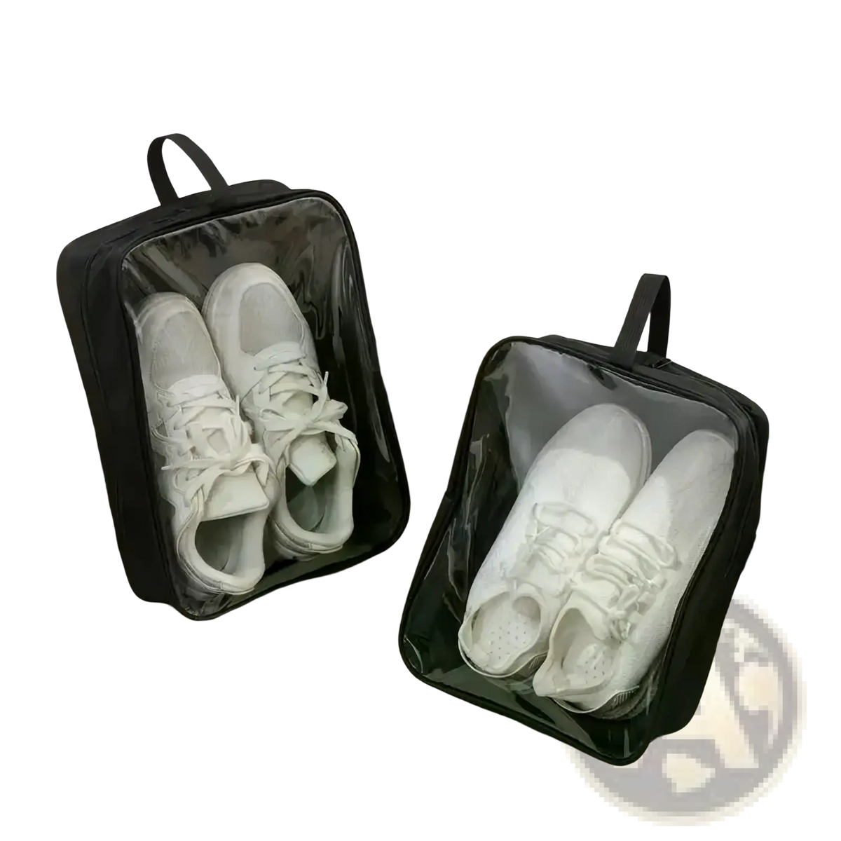 Black transparent waterproof travel shoe storage bag with clear front panel and black fabric sides