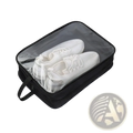 Black waterproof travel shoe bag with zipper closure and clear transparent top panel for easy viewing