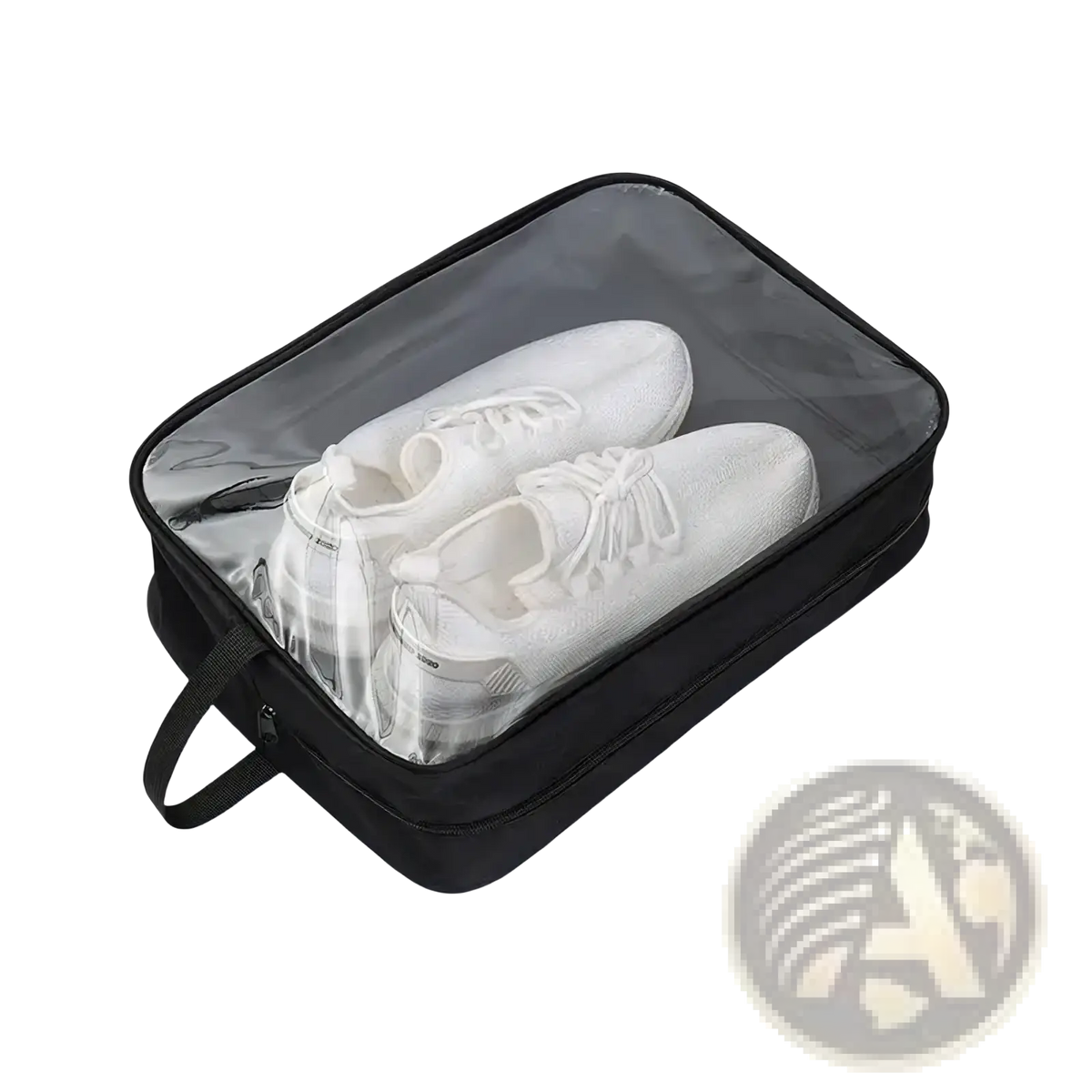 Black waterproof travel shoe bag with zipper closure and clear transparent top panel for easy viewing
