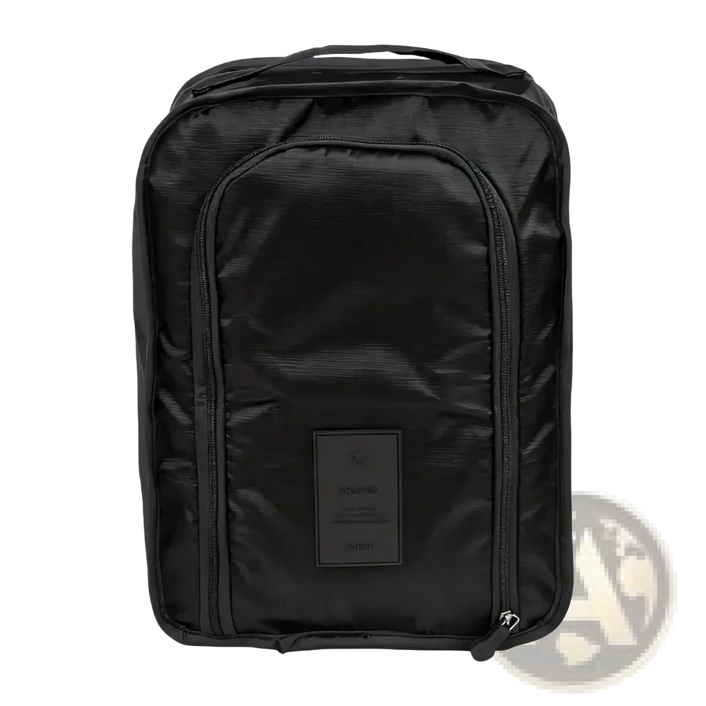Black sleek rectangular waterproof travel shoe bag made of durable nylon with textured finish and reinforced zippers