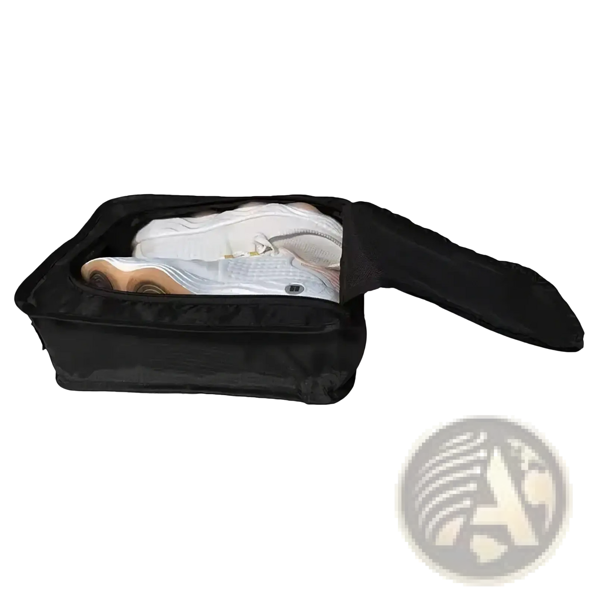 Black waterproof fabric travel shoe bag with zipper closure and interior compartments holding white sneakers
