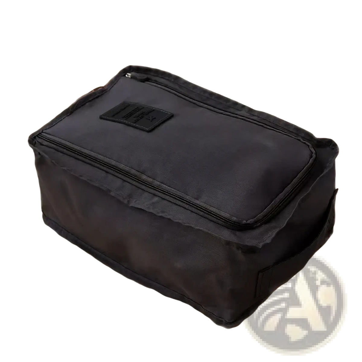 Black waterproof travel shoe bag with zipper closure and small rectangular label for portable folding organization
