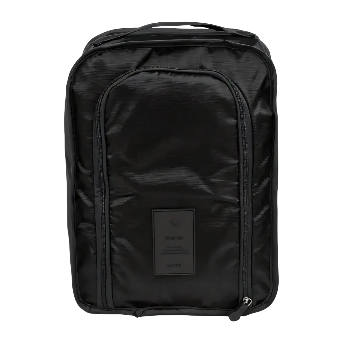 Black sleek rectangular waterproof travel shoe bag made of durable nylon with textured finish and reinforced zippers