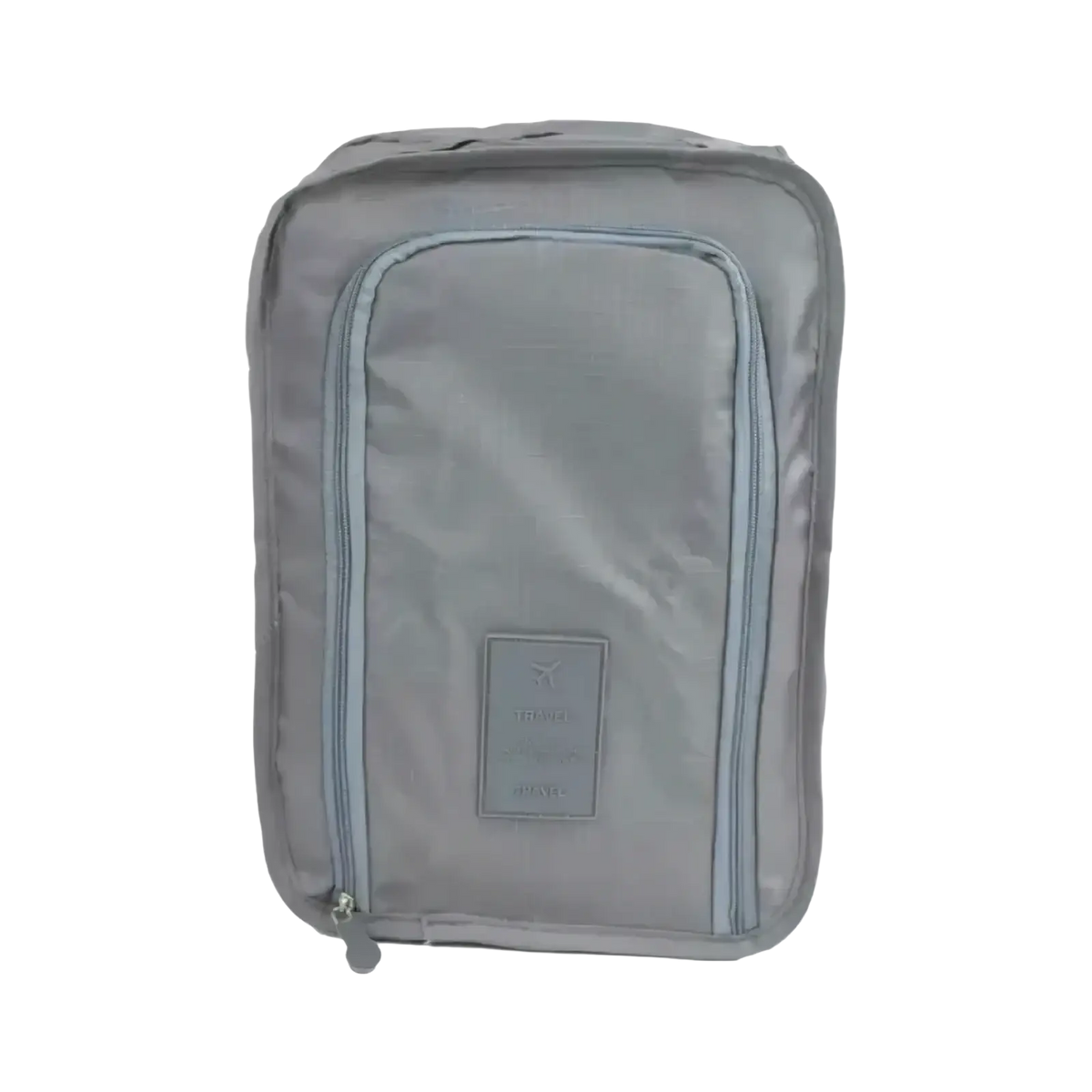 Grey waterproof travel shoe bag made of fabric with front zipper pocket and subtle branding patch for portable storage