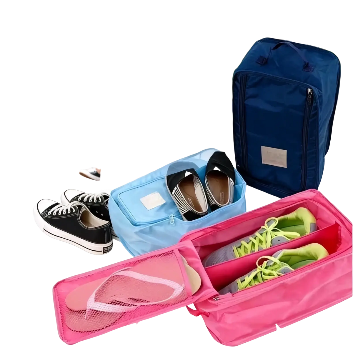 Pink and blue waterproof travel shoe bags with mesh compartments for organized portable folding footwear storage