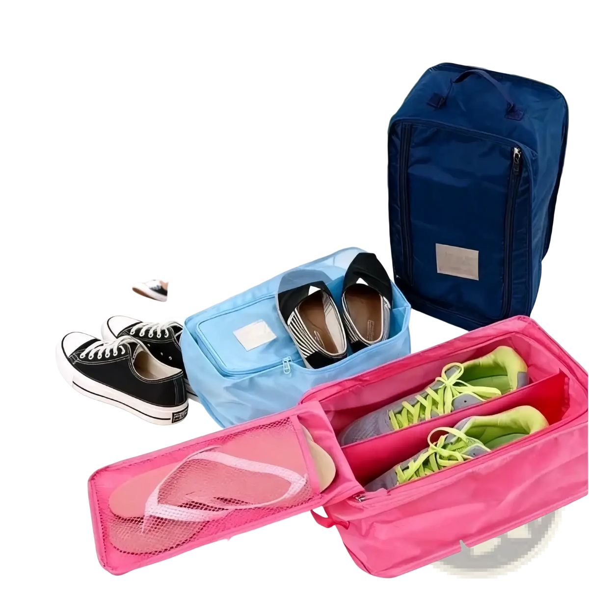Pink and blue waterproof travel shoe bags with mesh compartments for organized portable folding footwear storage