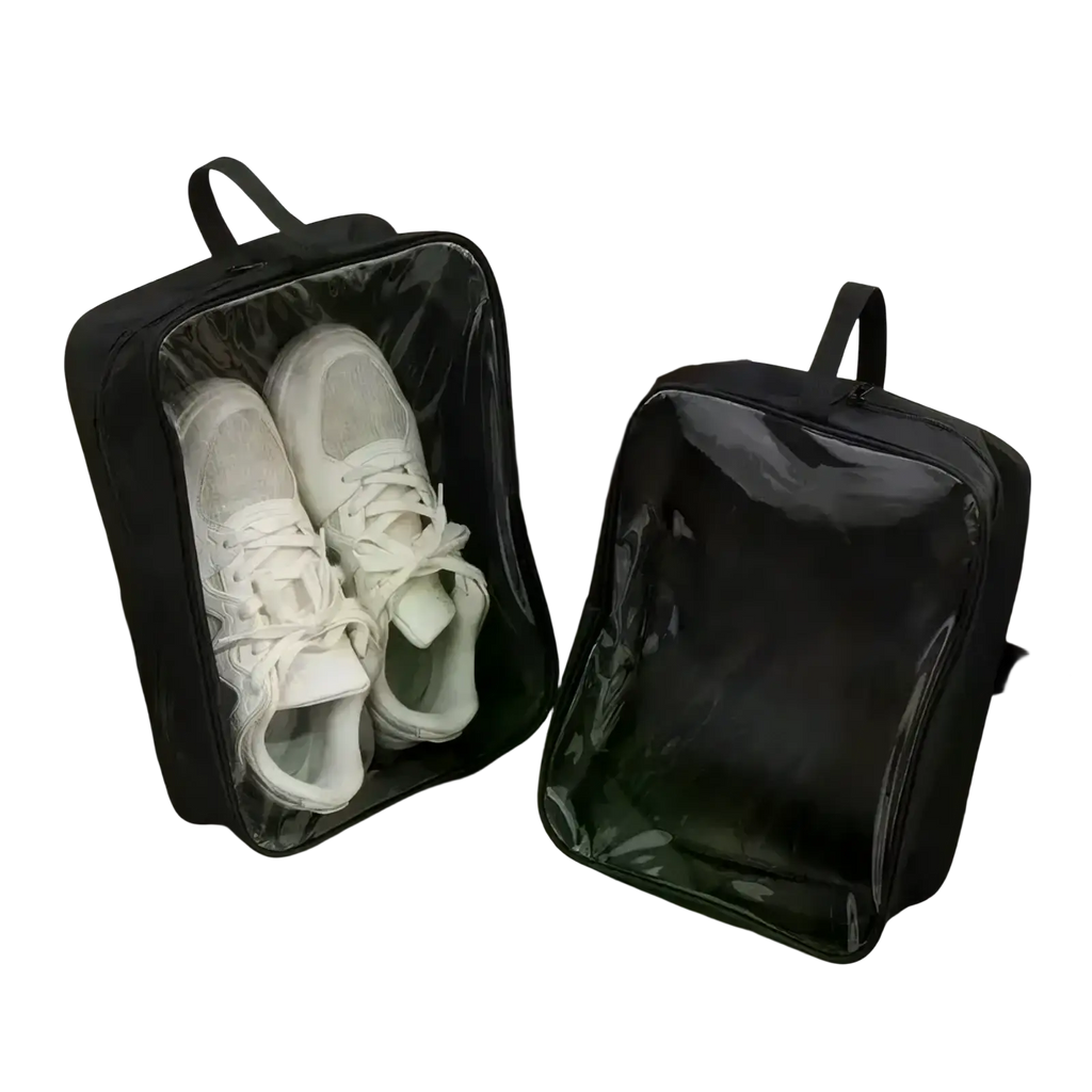 Black waterproof travel shoe storage bag with transparent front panel and zipper closure for organized packing
