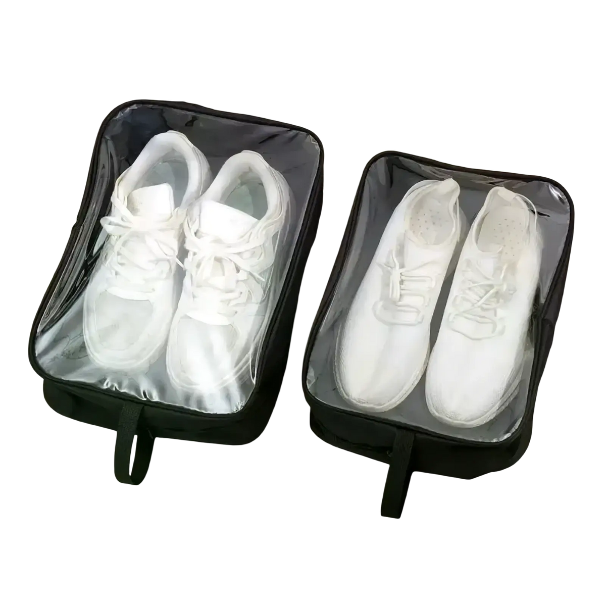 Black waterproof travel shoe bags with transparent front panels containing white sneakers for zipper storage pouch