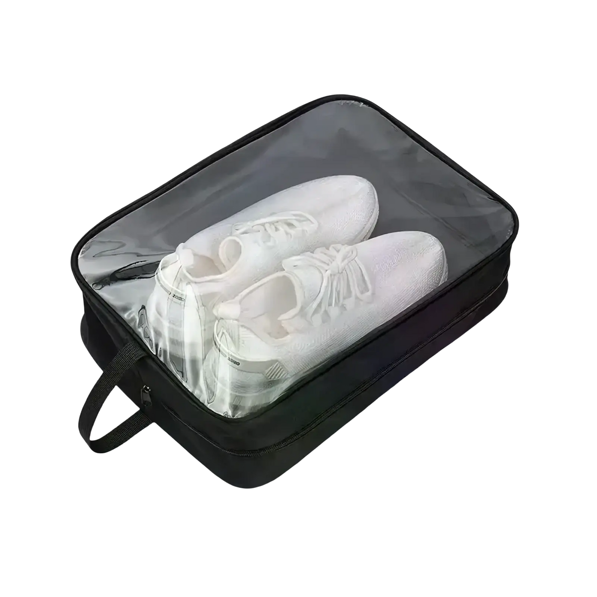 Black large waterproof travel shoe storage bag with transparent front panel and zipper closure for easy access