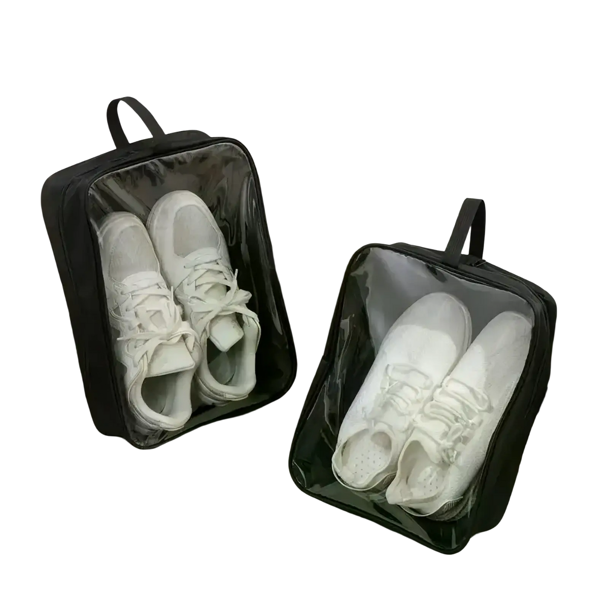 Black transparent waterproof travel shoe bag with clear front panel and black fabric sides for zipper storage