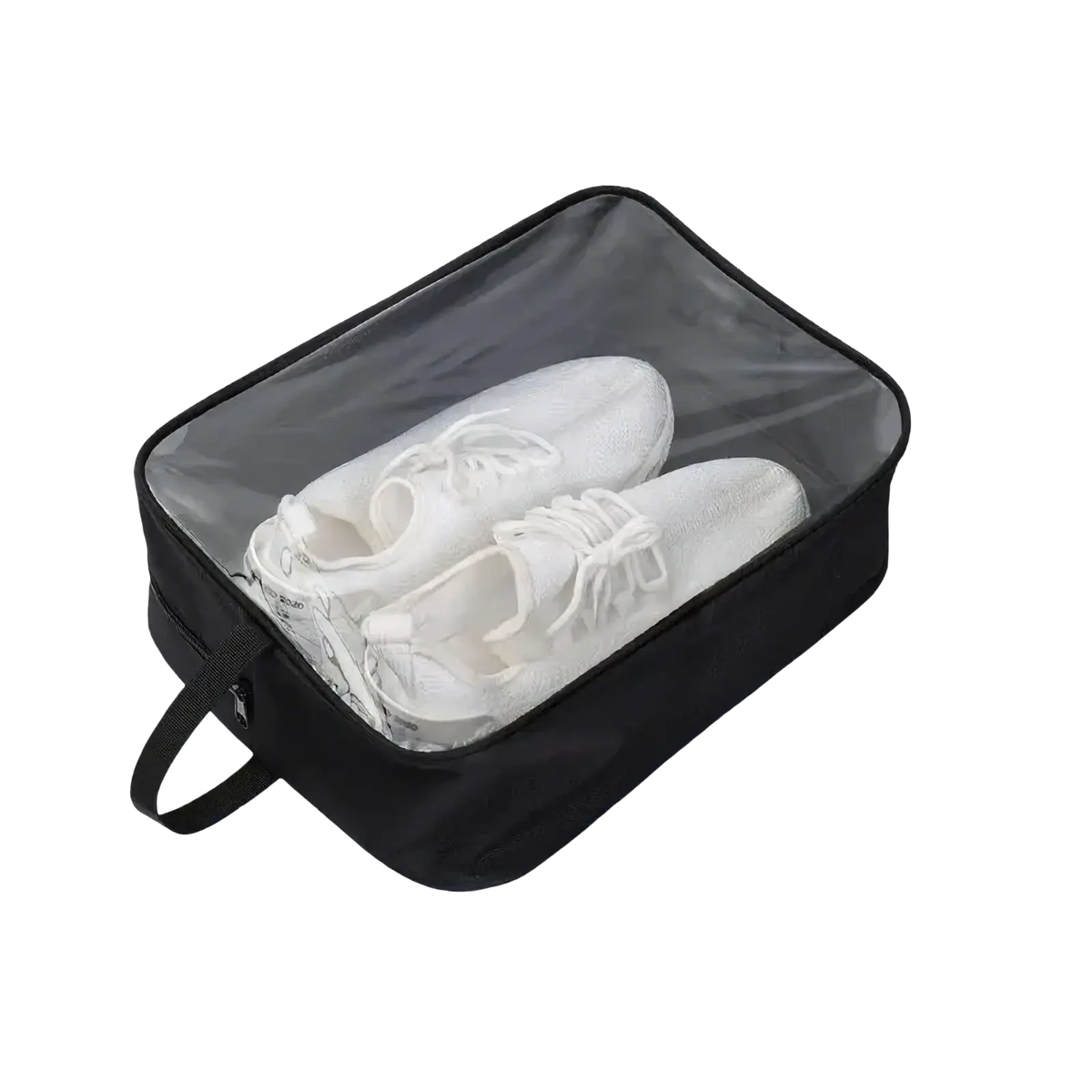 Black transparent waterproof travel shoe bag with zipper closure and handle for organized storage and easy carrying