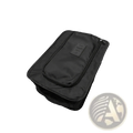 Black waterproof travel shoe storage bag with zippered front pocket and small rectangular label on exterior