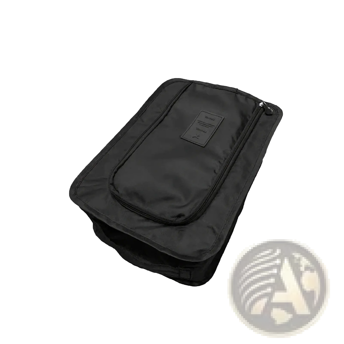 Black waterproof travel shoe storage bag with zippered front pocket and small rectangular label on exterior