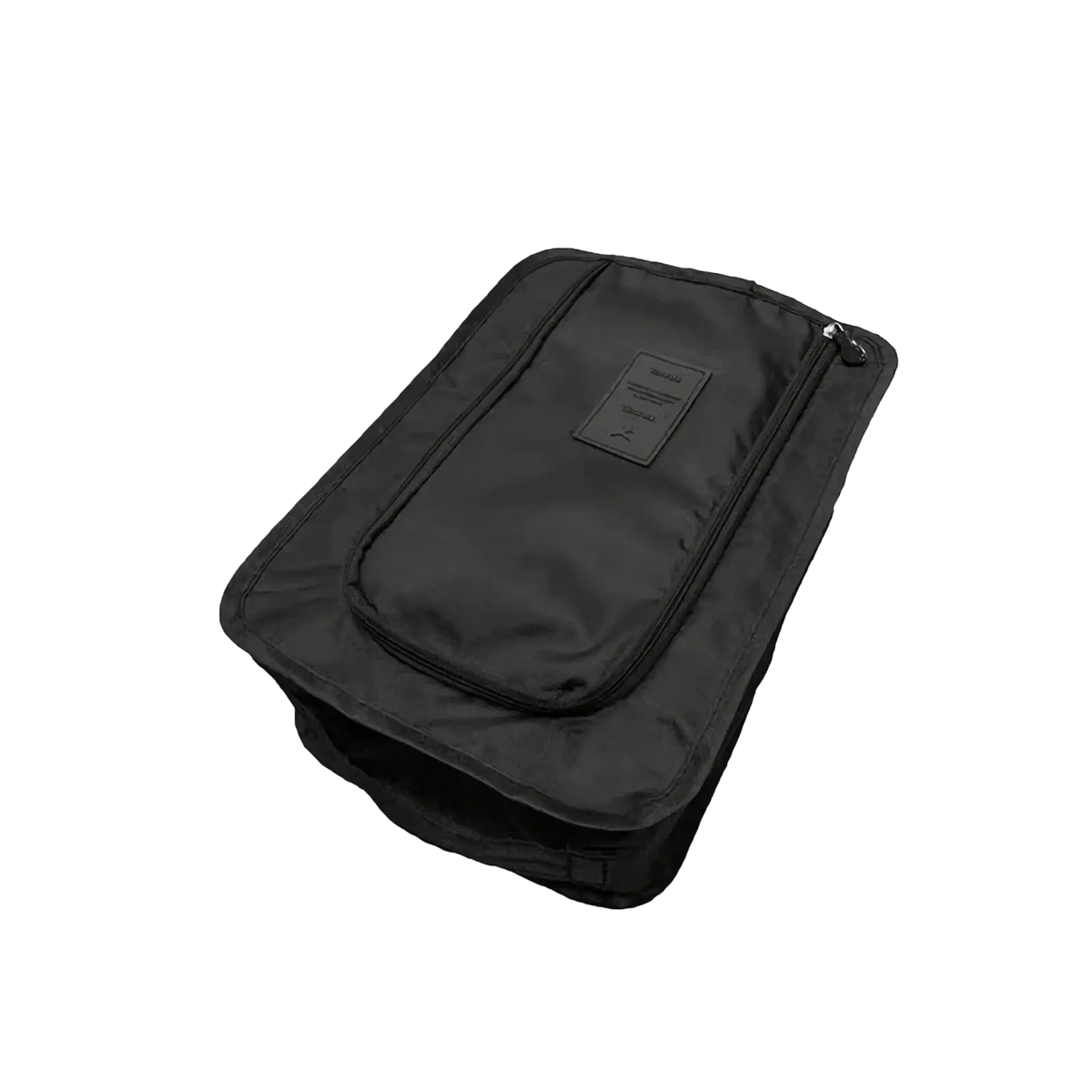 Black waterproof travel shoe storage bag with zippered front pocket and small rectangular label on exterior