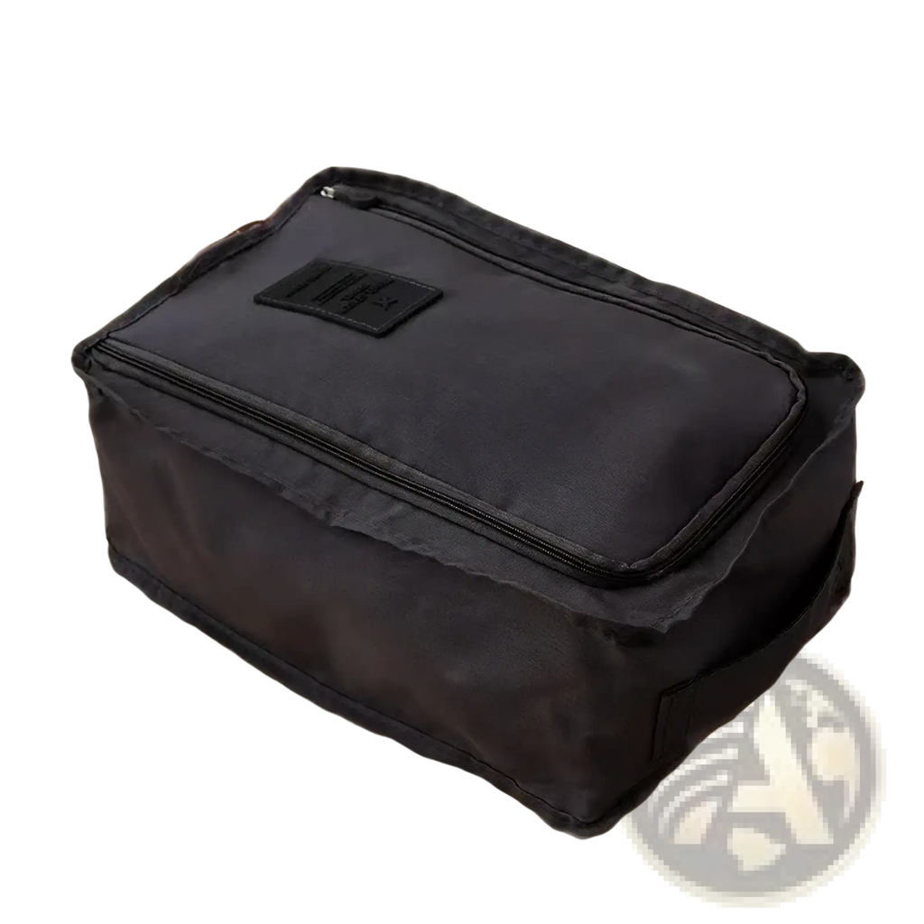 Black waterproof travel shoe storage bag with zipper closure and front label for portable shoe organization