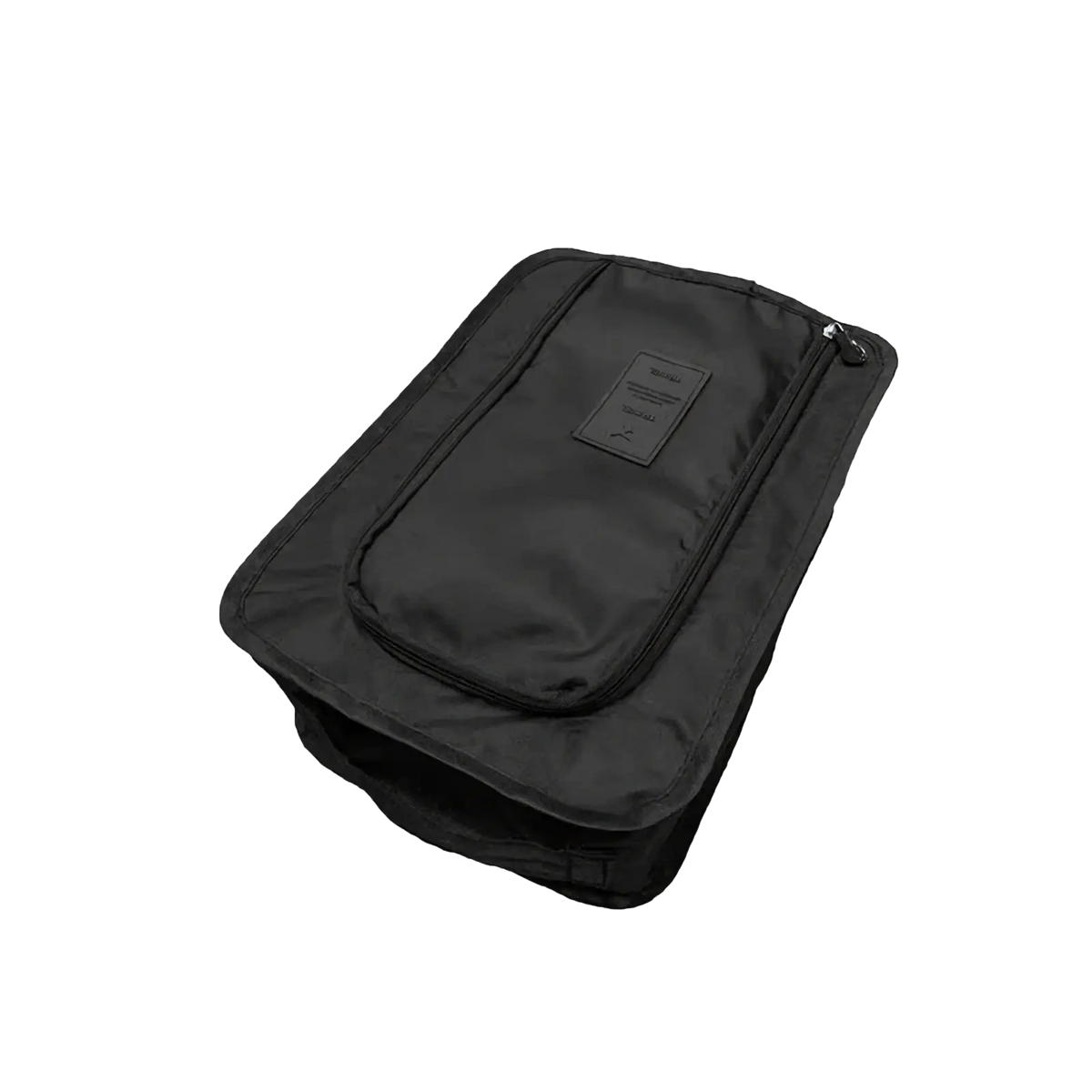 Black waterproof travel shoe storage bag with zipper closure and front label for portable shoe organization