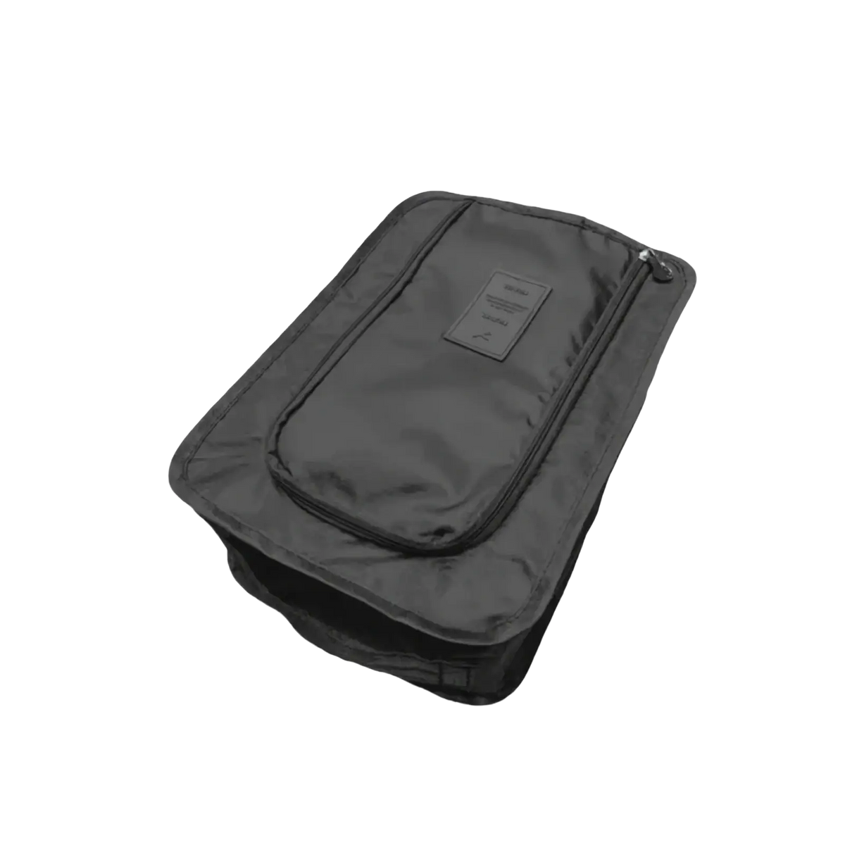 Grey fabric waterproof travel shoe storage bag with zippered front pocket and small rectangular label on flap